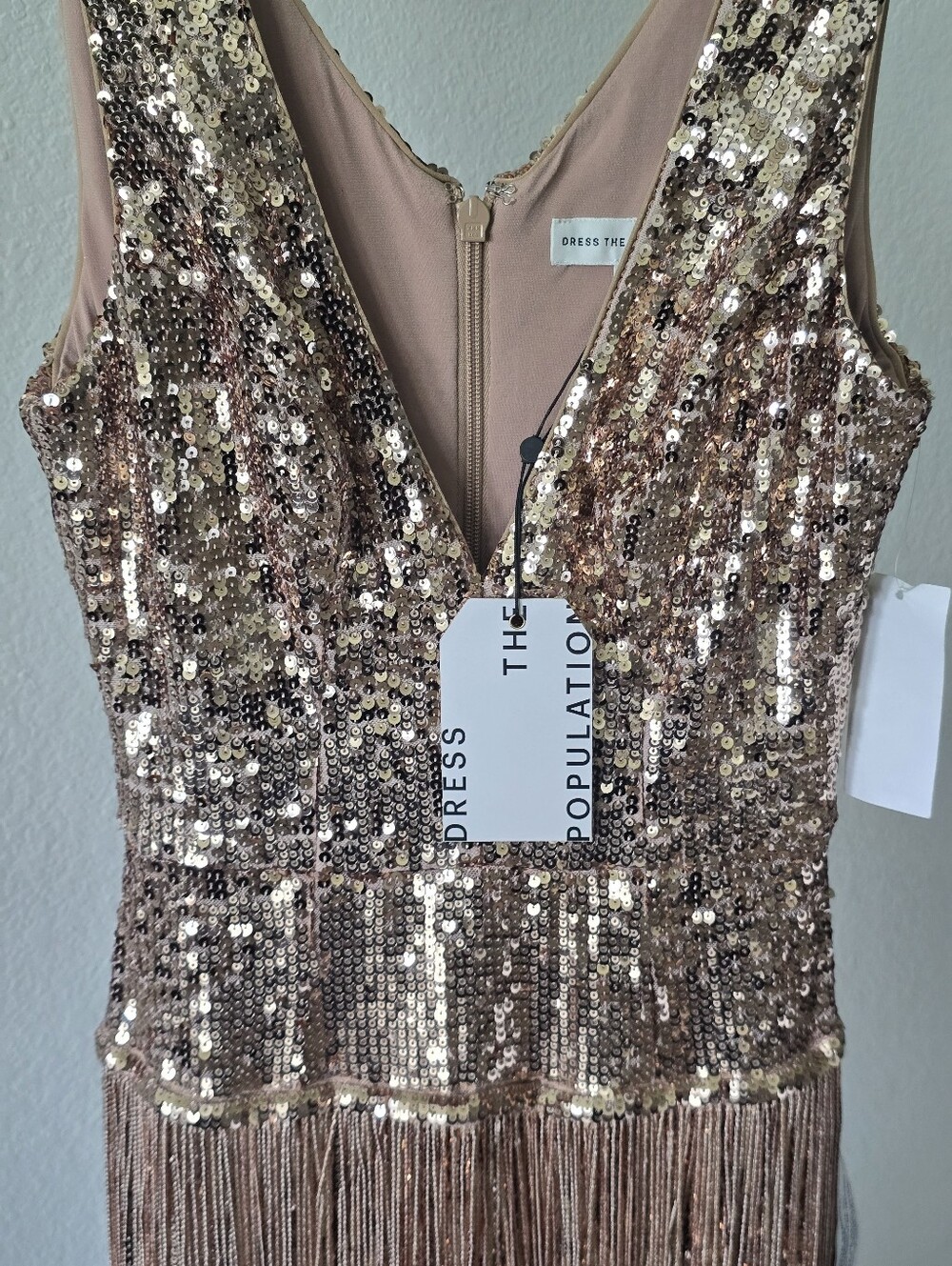 Dress The Population NWT Gold Sequin Fringe Maxi Gown XS $598 Deep V Formal - Picture 9 of 16